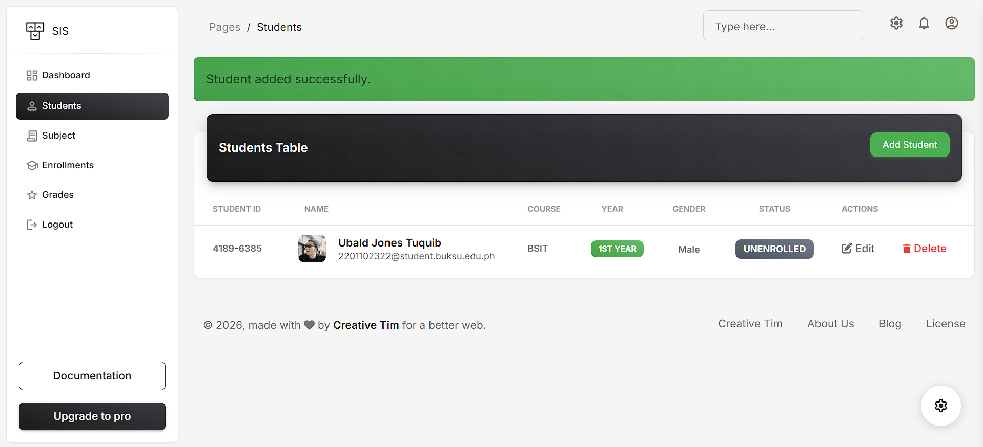 Student System - Screen 1