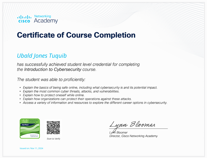 CCNA: Introduction to Cybersecurity certificate