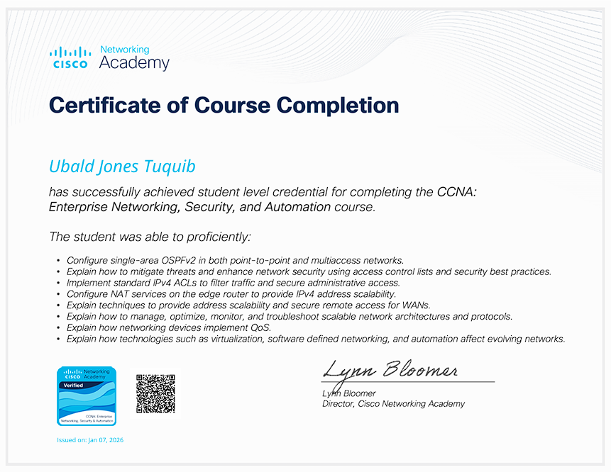 CCNA: Enterprise Networking, Security, and Automation certificate