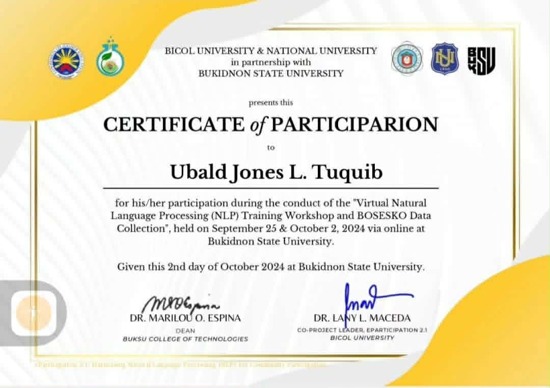Virtual Natural Language Processing Training Workshop certificate