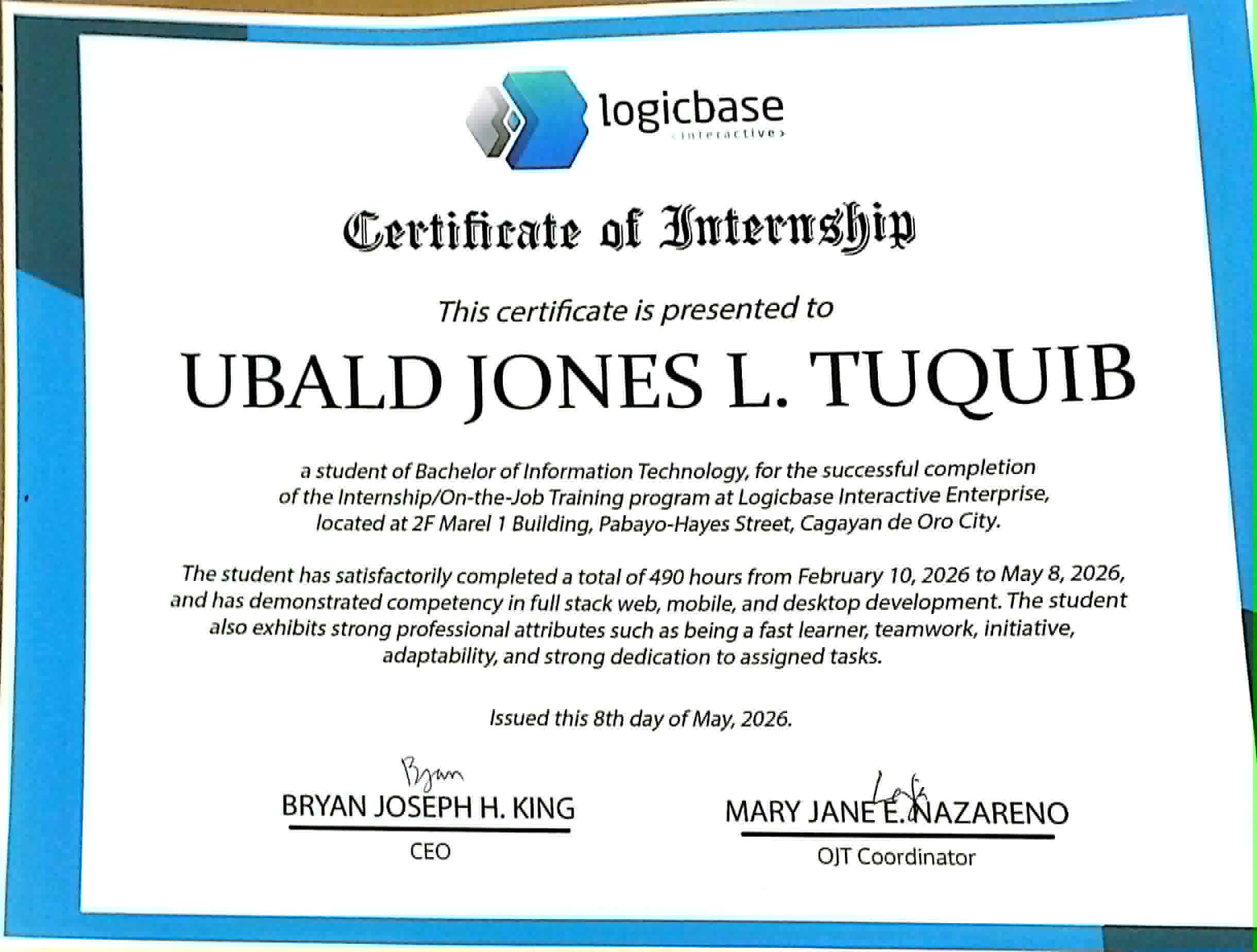 Logicbase internship certificate